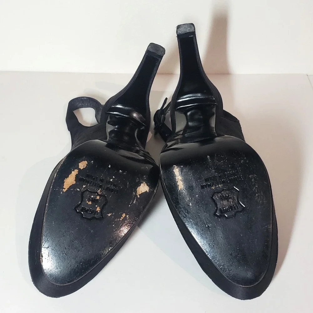 Stewart Weitzman Black Satin Sling-back‎ Pumps Size 9M Rounded Toe